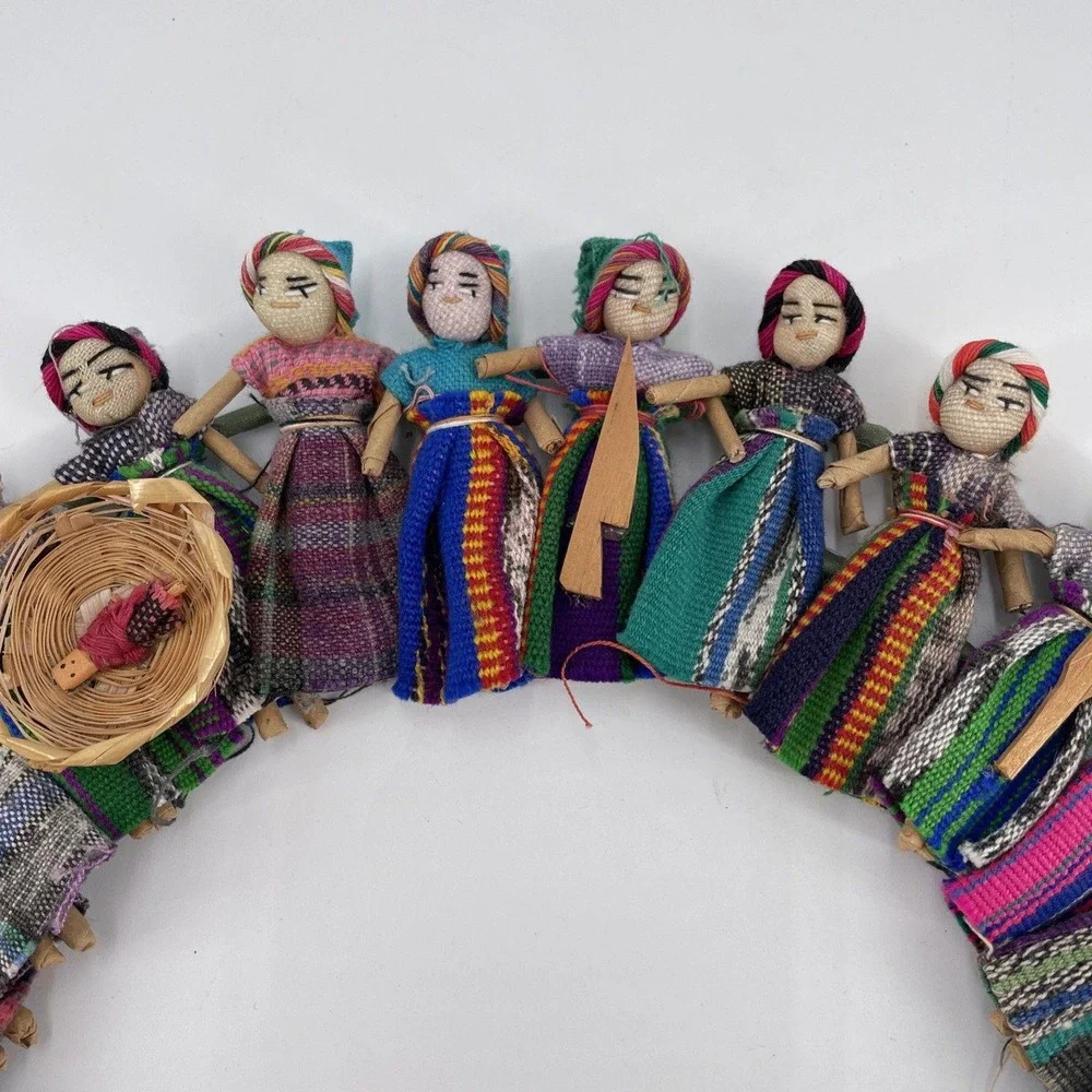 Handmade Guatemalan Worry Doll Wreath 12.5in Colorful FolkArt Wall Hanging Decor